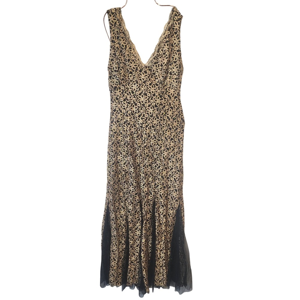 Candalite Gold Lace Sequin Evening‎ Gown Mermaid V-Neck Open Back Size S NWT